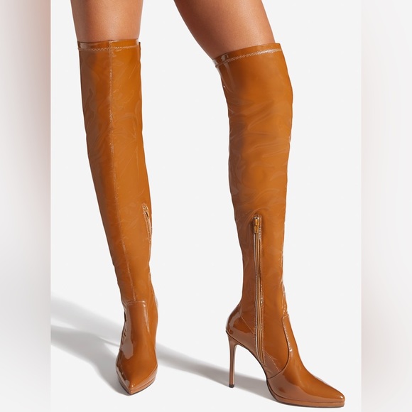 NIB Tan Faux Leather Sexy Stiletto High Boots - Picture 4 of 6